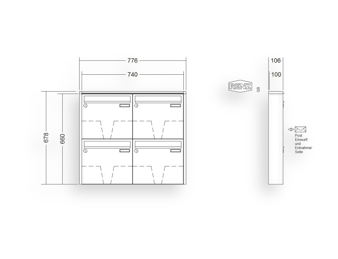 RENZ Briefkastenanlage Aufputz · 4-teilig 370 × 330 × 100 mm QUADRA lackiert RENZ Briefkastenanlage Aufputz · 4-teilig 370 × 330 × 100 mm QUADRA lackiert