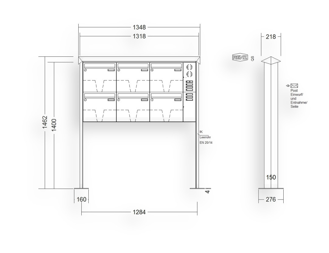 RENZ Briefkastenanlage freistehend · 6-teilig Installationskasten rechts 370 × 330 × 100 mm Edelstahl Prisma mit Fußplat RENZ Briefkastenanlage freistehend · 6-teilig Installationskasten rechts 370 × 330 × 100 mm Edelstahl Prisma mit Fußplat