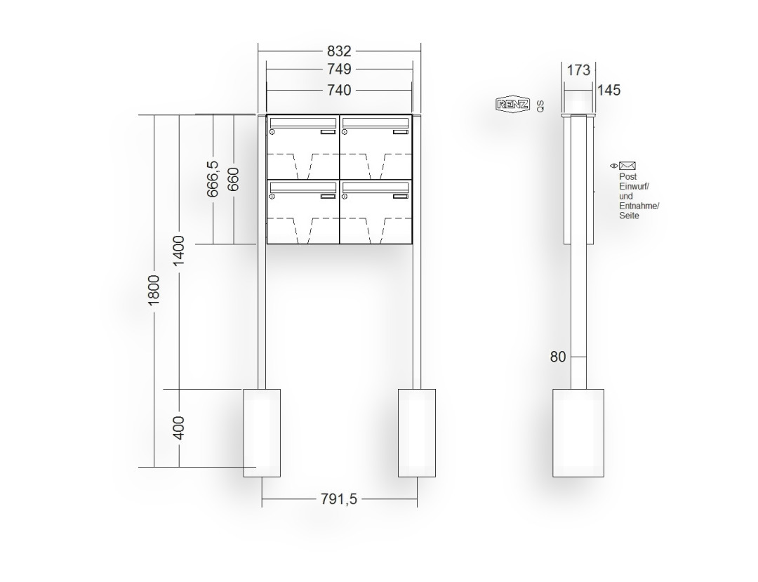RENZ Briefkastenanlage freistehend · BASIC (B) · 4-teilig 370 × 330 × 145 mm FS. Typ B lackiert RENZ Briefkastenanlage freistehend · BASIC (B) · 4-teilig 370 × 330 × 145 mm FS. Typ B lackiert