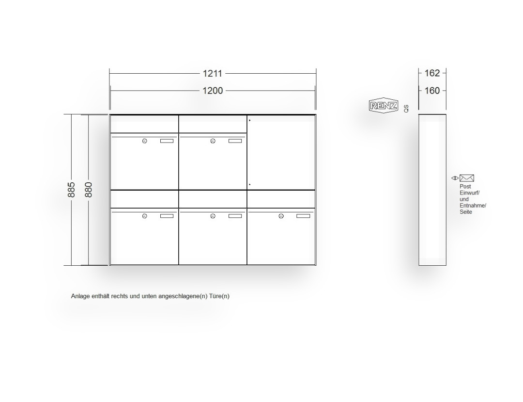 RENZ Briefkastenanlage Aufputz · 5-teilig RENZ PLAN 400 × 440 × 160 mm AP Edelstahl