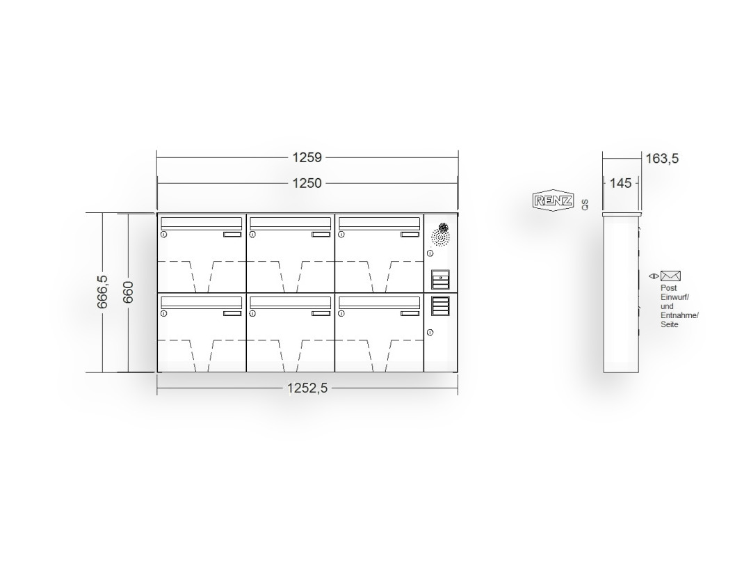 RENZ Briefkastenanlage Aufputz · BASIC (B) · 6-teilig 370 × 330 × 145 mm AP. Typ B Installationskasten rechts lackiert RENZ Briefkastenanlage Aufputz · BASIC (B) · 6-teilig 370 × 330 × 145 mm AP. Typ B Installationskasten rechts lack