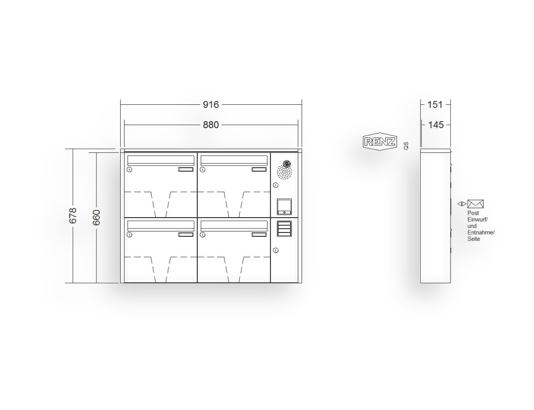 RENZ Briefkastenanlage Aufputz · 4-teilig Installationskasten rechts 370 × 330 × 145 mm QUADRA lackiert RENZ Briefkastenanlage Aufputz · 4-teilig Installationskasten rechts 370 × 330 × 145 mm QUADRA lackiert