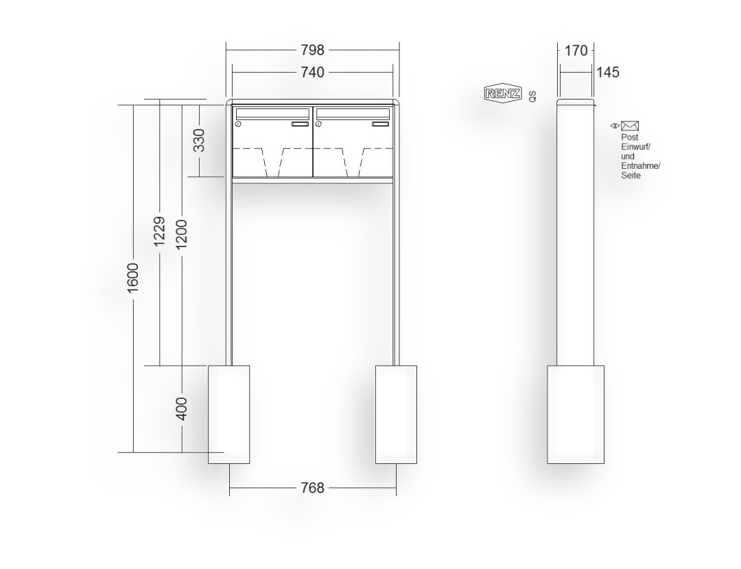 RENZ Briefkastenanlage freistehend · 2-teilig 370 × 330 × 145 mm RS 2000 lackiert RENZ Briefkastenanlage freistehend · 2-teilig 370 × 330 × 145 mm RS 2000 lackiert