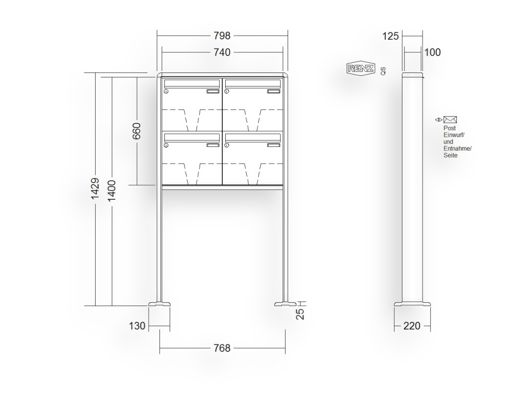 RENZ Briefkastenanlage freistehend · 4-teilig 370 × 330 × 100 mm RS 2000 lackiert mit Fußplatten RENZ Briefkastenanlage freistehend · 4-teilig 370 × 330 × 100 mm RS 2000 lackiert mit Fußplatten