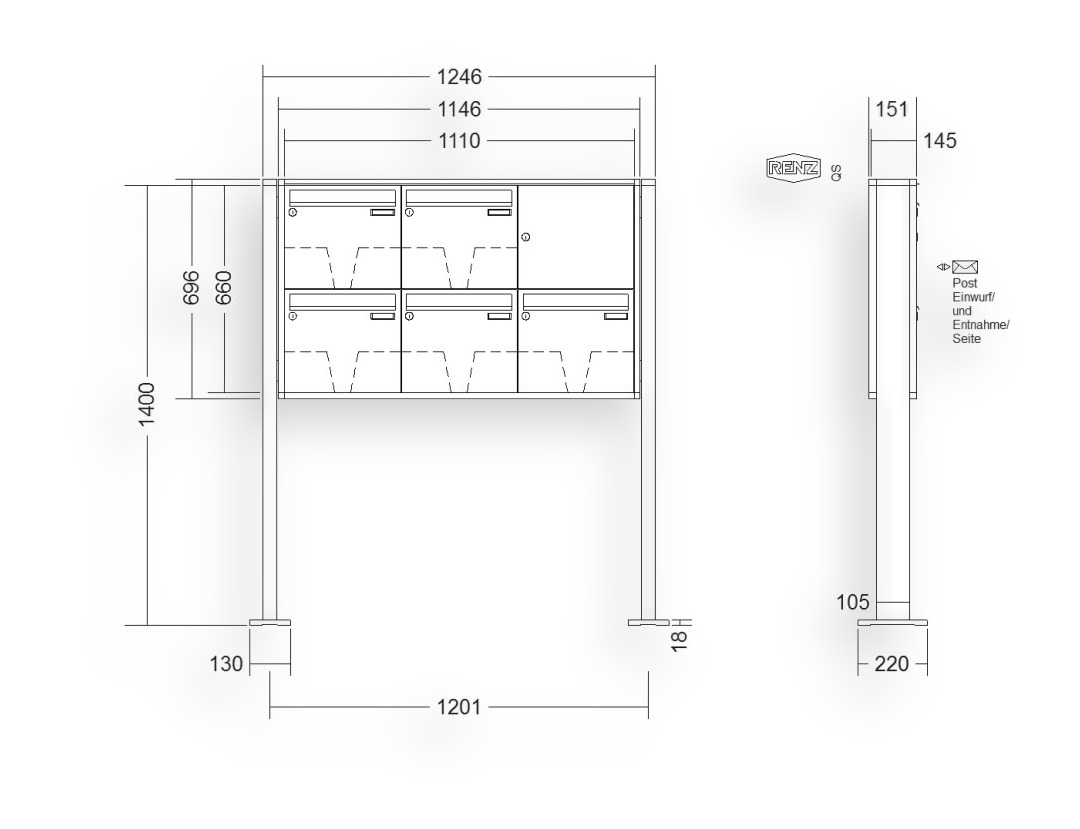 RENZ Briefkastenanlage freistehend · 5-teilig 370 × 330 × 145 mm QUADRA lackiert mit Fußplatten RENZ Briefkastenanlage freistehend · 5-teilig 370 × 330 × 145 mm QUADRA lackiert mit Fußplatten