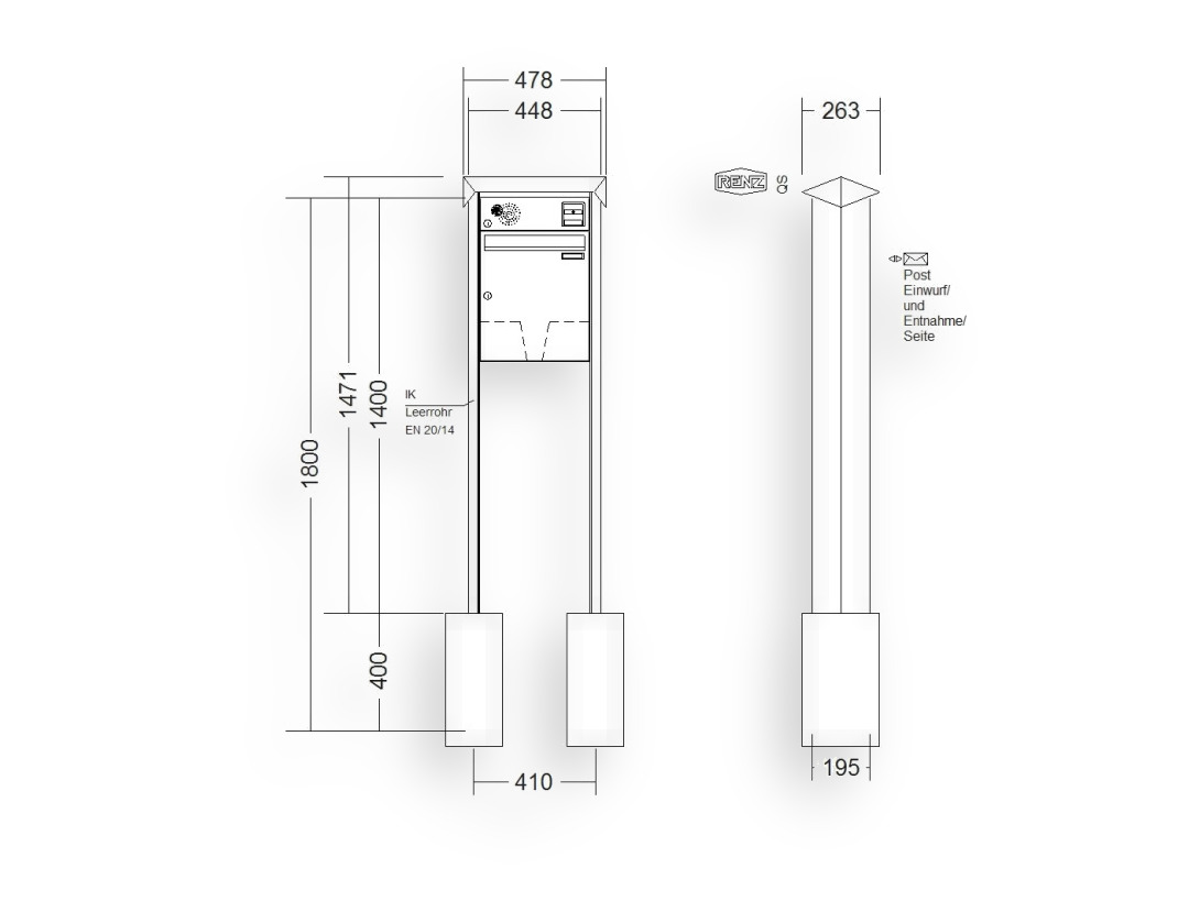RENZ Briefkastenanlage freistehend · 1-teilig Installationskasten oben 370 × 440 × 145 mm Prisma lackiert RENZ Briefkastenanlage freistehend · 1-teilig Installationskasten oben 370 × 440 × 145 mm Prisma lackiert