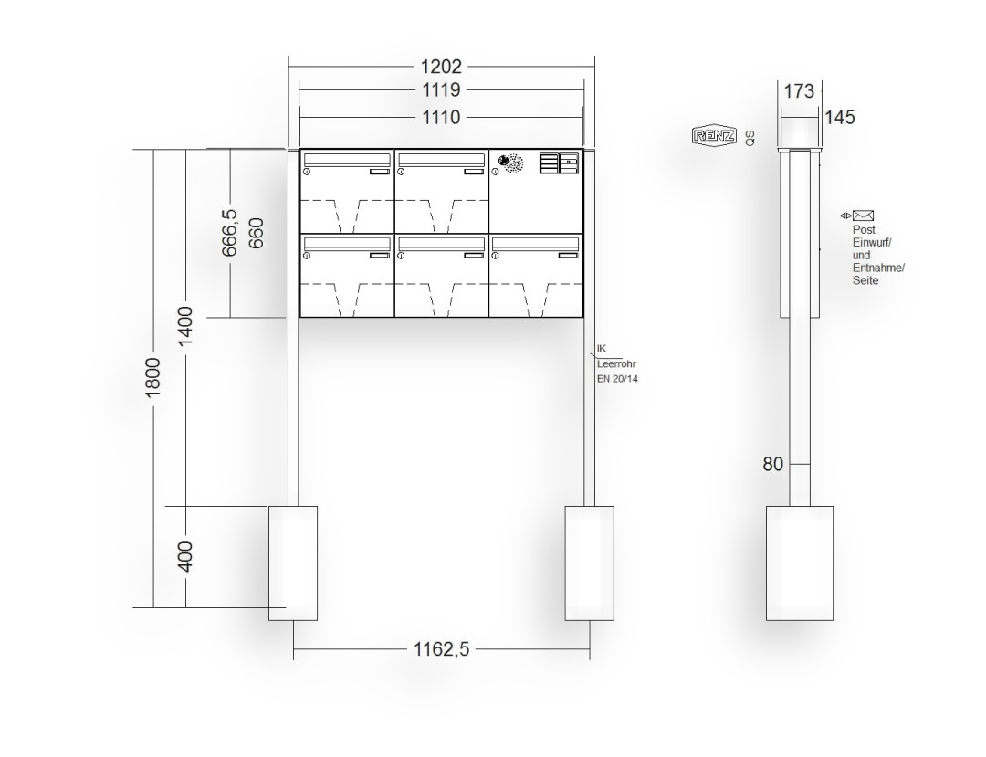 RENZ Briefkastenanlage freistehend · BASIC (B) · 5-teilig 370 × 330 × 145 mm FS. Typ B Installationskasten rechts lackiert RENZ Briefkastenanlage freistehend · BASIC (B) · 5-teilig 370 × 330 × 145 mm FS. Typ B Installationskasten rechts