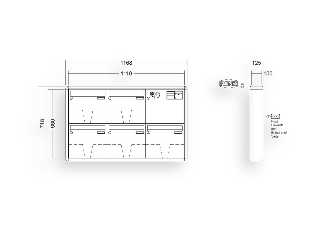 RENZ Briefkastenanlage Aufputz · 5-teilig Installationskasten rechts 370 × 330 × 100 mm RS 2000 lackiert RENZ Briefkastenanlage Aufputz · 5-teilig Installationskasten rechts 370 × 330 × 100 mm RS 2000 lackiert