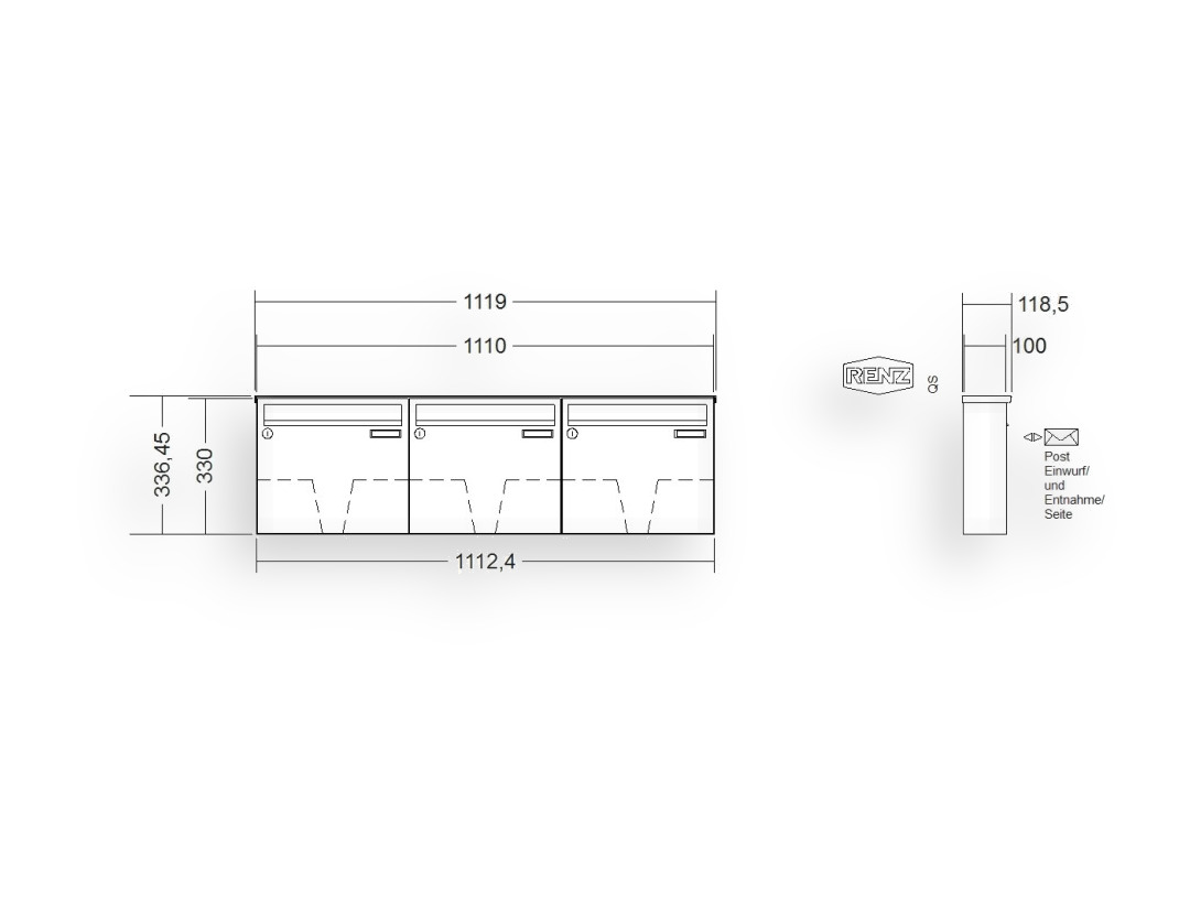 RENZ Briefkastenanlage Aufputz · BASIC (B) · 3-teilig 370 × 330 × 100 mm AP. Typ B Edel RENZ Briefkastenanlage Aufputz · BASIC (B) · 3-teilig 370 × 330 × 100 mm AP. Typ B Edel