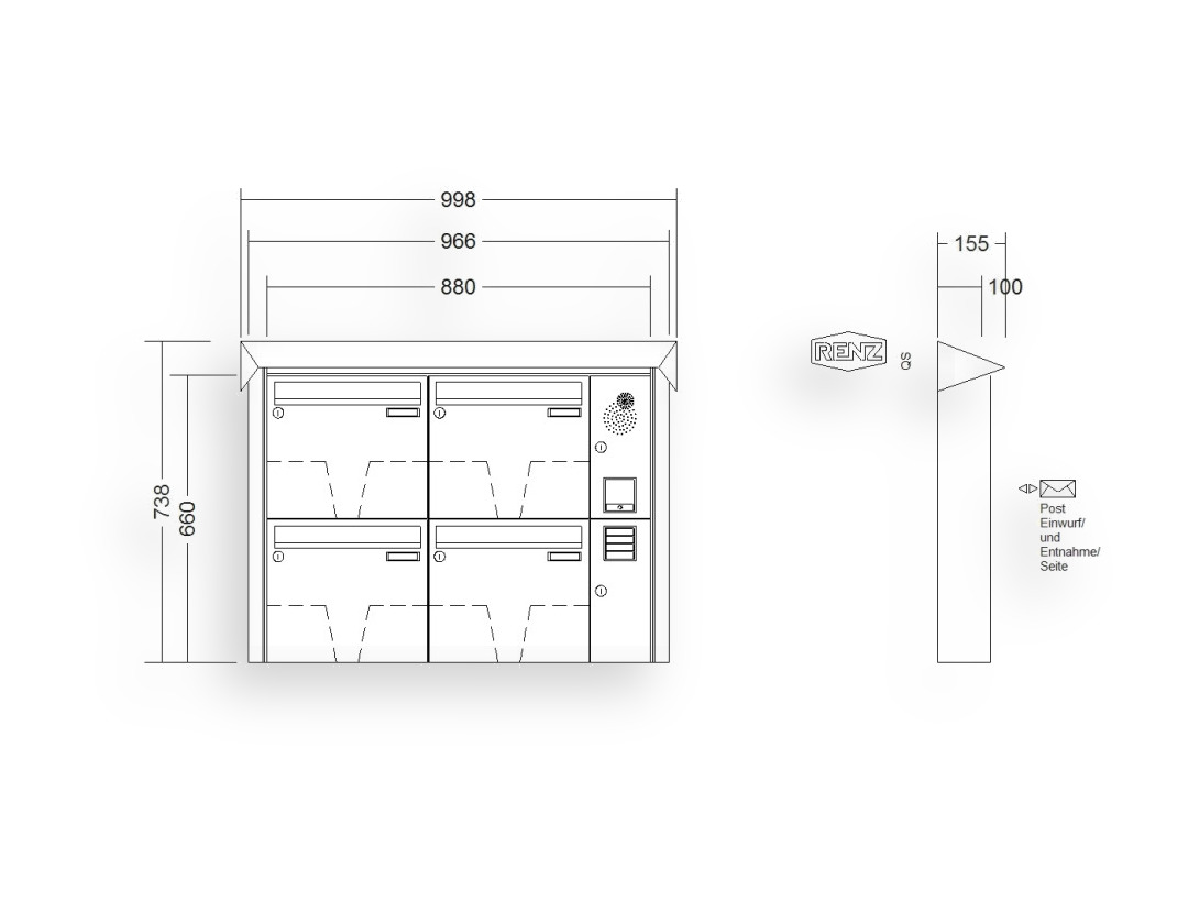 RENZ Briefkastenanlage Aufputz · 4-teilig Installationskasten rechts 370 × 330 × 100 mm Prisma lackiert RENZ Briefkastenanlage Aufputz · 4-teilig Installationskasten rechts 370 × 330 × 100 mm Prisma lackiert