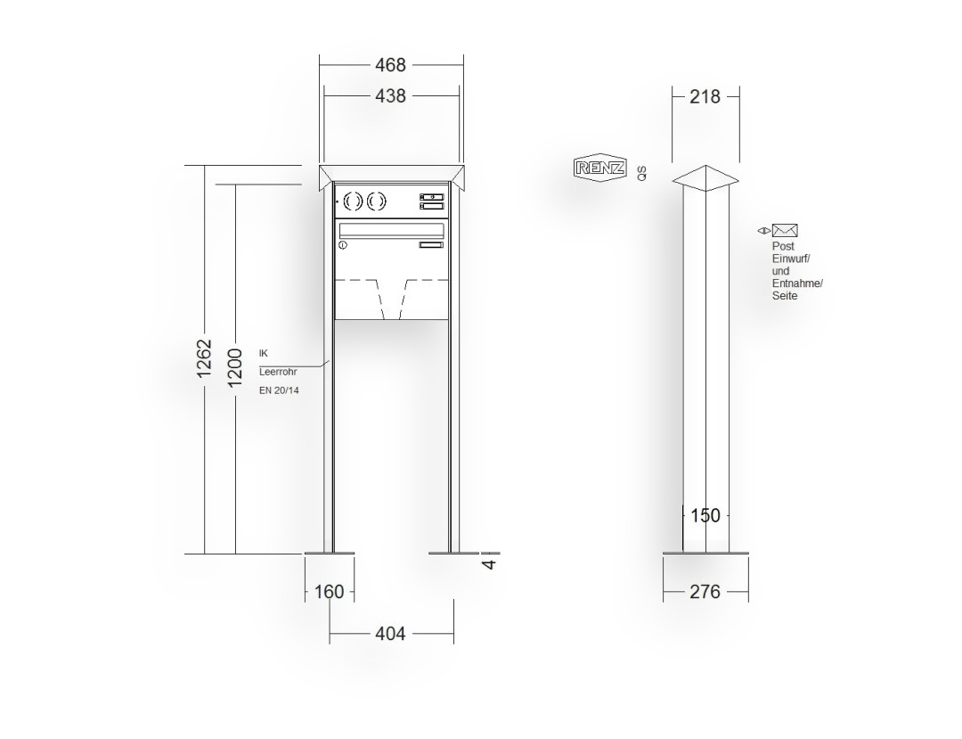 RENZ Briefkastenanlage freistehend · 1-teilig Installationskasten oben 370 × 330 × 100 mm Edelstahl Prisma mit Fuß