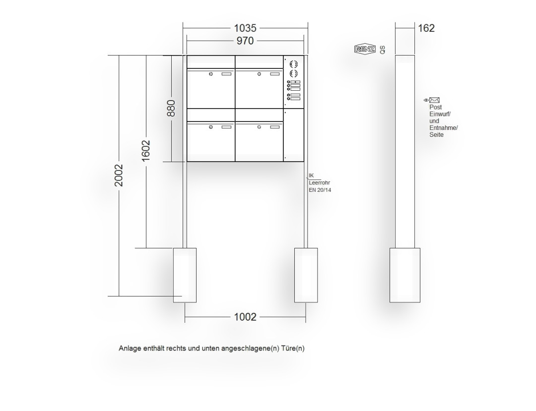 RENZ Briefkastenanlage freistehend · 4-teilig RENZ PLAN 400 × 440 × 160 mm FS Installationskasten rechts lackiert RENZ Briefkastenanlage freistehend · 4-teilig RENZ PLAN 400 × 440 × 160 mm FS Installationskasten rechts lackiert