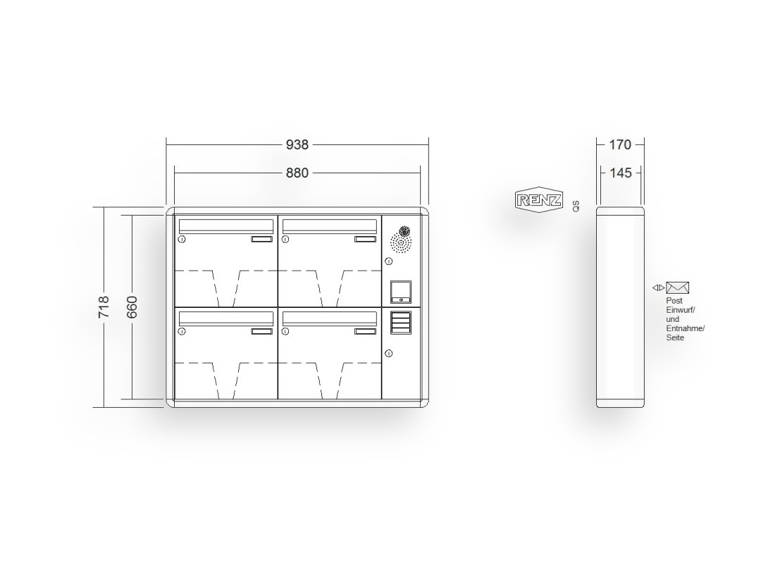 RENZ Briefkastenanlage Aufputz · 4-teilig Installationskasten rechts 370 × 330 × 145 mm RS 2000 lackiert