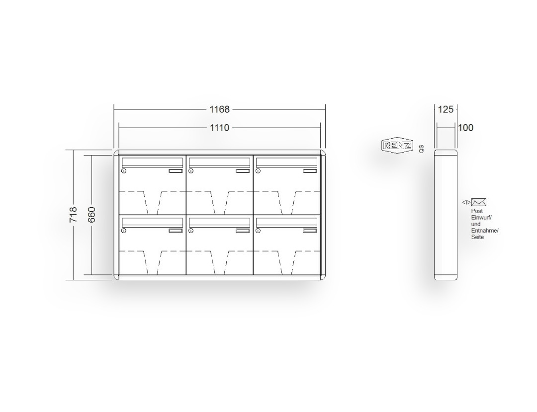 RENZ Briefkastenanlage Aufputz · 6-teilig 370 × 330 × 100 mm RS 2000 lackiert RENZ Briefkastenanlage Aufputz · 6-teilig 370 × 330 × 100 mm RS 2000 lackiert