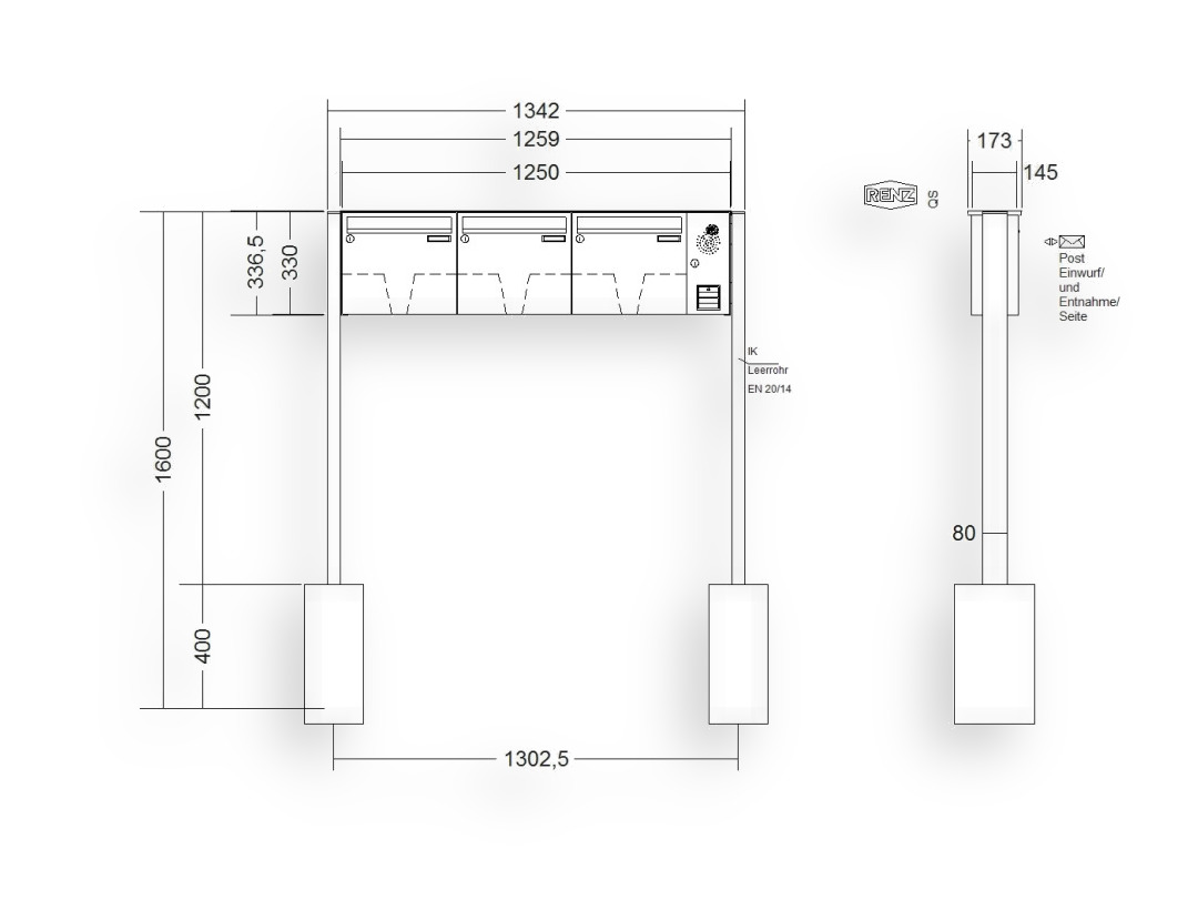 RENZ Briefkastenanlage freistehend · BASIC (B) · 3-teilig 370 × 330 × 145 mm FS. Typ B Installationskasten rechts lackiert RENZ Briefkastenanlage freistehend · BASIC (B) · 3-teilig 370 × 330 × 145 mm FS. Typ B Installationskasten rechts
