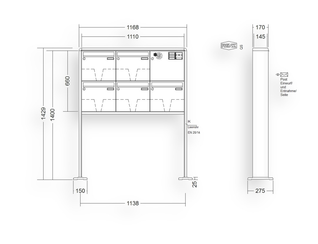 RENZ Briefkastenanlage freistehend · 5-teilig Installationskasten rechts 370 × 330 × 145 mm RS 2000 lackiert mit Fuß RENZ Briefkastenanlage freistehend · 5-teilig Installationskasten rechts 370 × 330 × 145 mm RS 2000 lackiert mit F