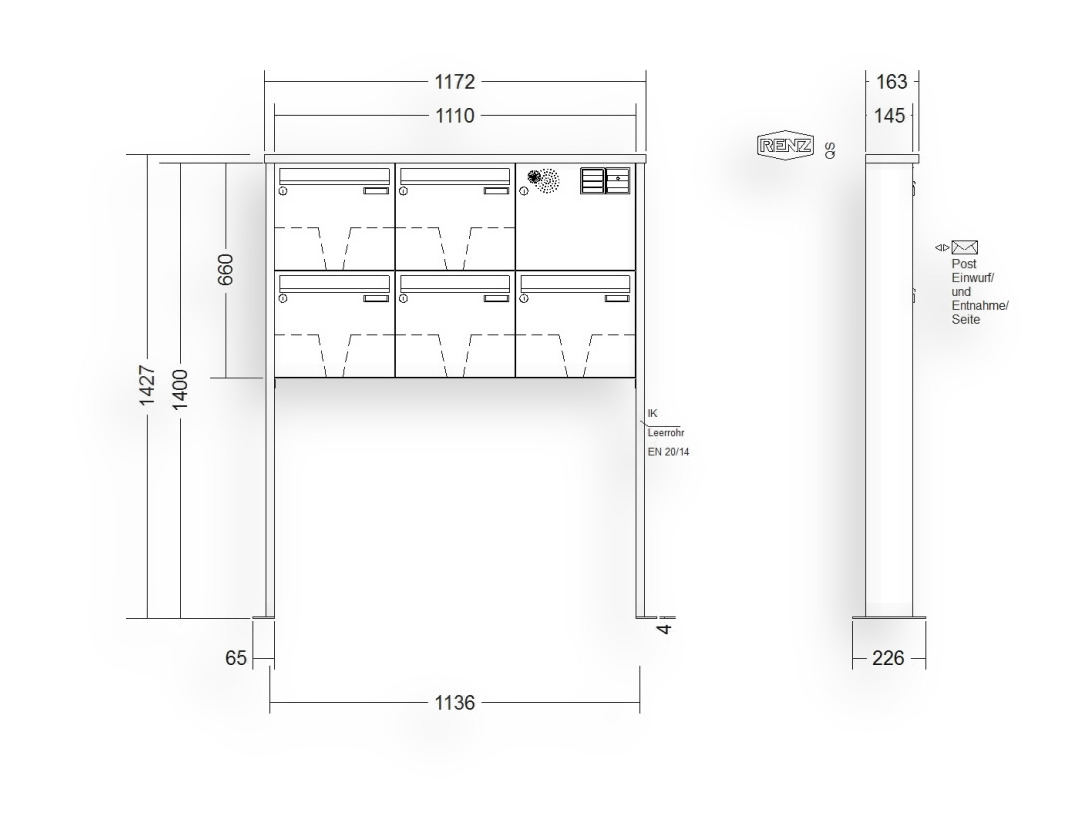 RENZ Briefkastenanlage freistehend · 5-teilig Installationskasten rechts 370 × 330 × 145 mm Tetro lackiert mit Fuß RENZ Briefkastenanlage freistehend · 5-teilig Installationskasten rechts 370 × 330 × 145 mm Tetro lackiert mit Fuß