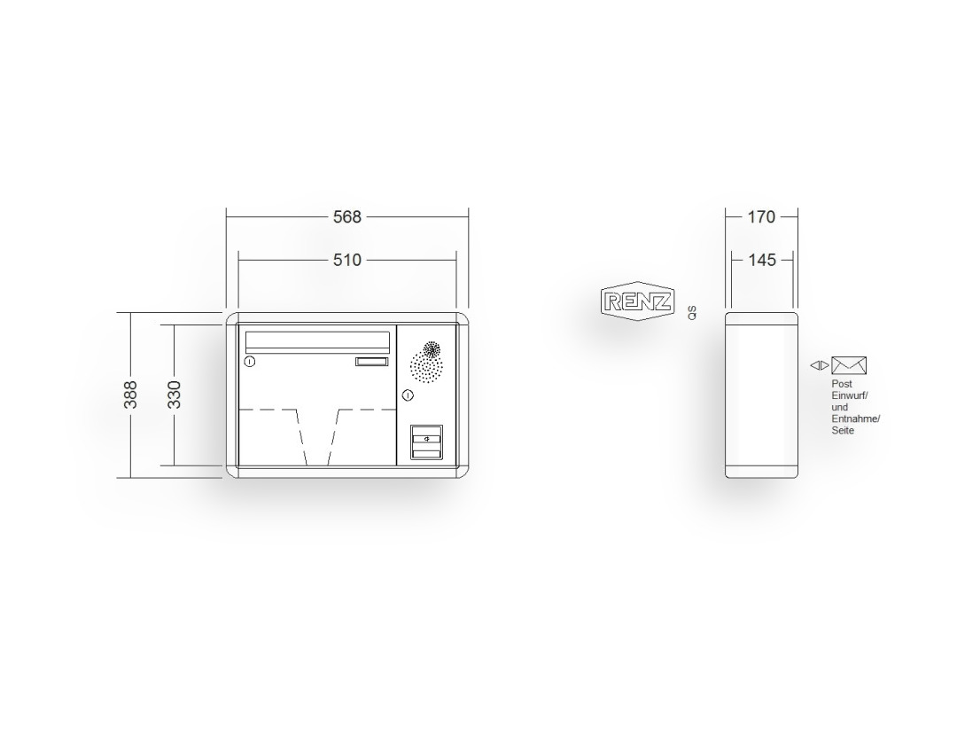 RENZ Briefkastenanlage Aufputz · 1-teilig Installationskasten rechts 370 × 330 × 145 mm RS 2000 lackiert RENZ Briefkastenanlage Aufputz · 1-teilig Installationskasten rechts 370 × 330 × 145 mm RS 2000 lackiert