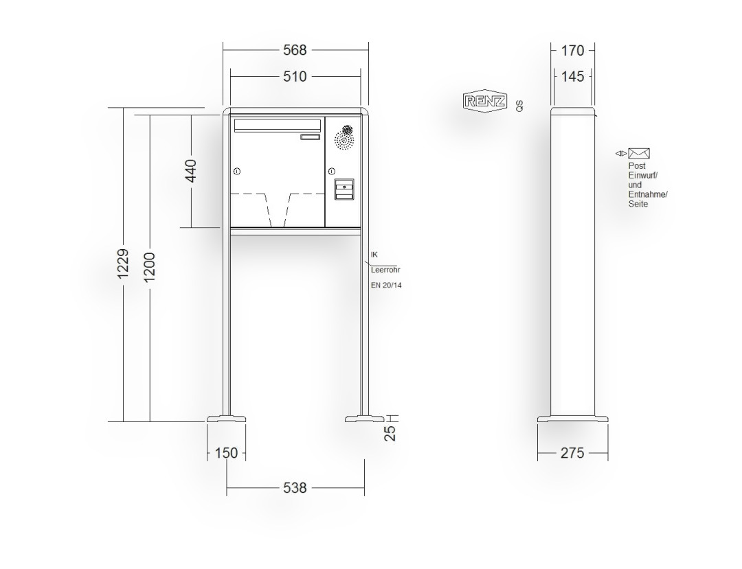 RENZ Briefkastenanlage freistehend · 1-teilig Installationskasten rechts 370 × 440 × 145 mm RS 2000 lackiert mit Fuß RENZ Briefkastenanlage freistehend · 1-teilig Installationskasten rechts 370 × 440 × 145 mm RS 2000 lackiert mit F