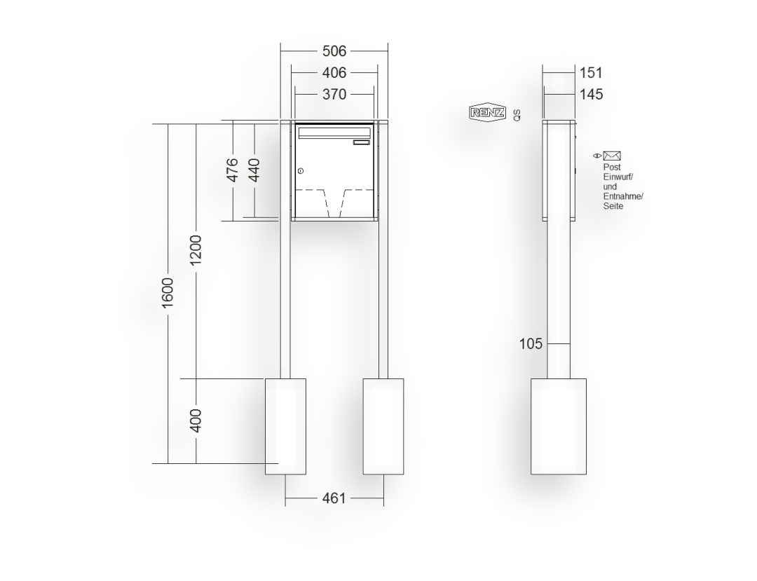 RENZ Briefkastenanlage freistehend · 1-teilig 370 × 440 × 145 mm QUADRA lackiert