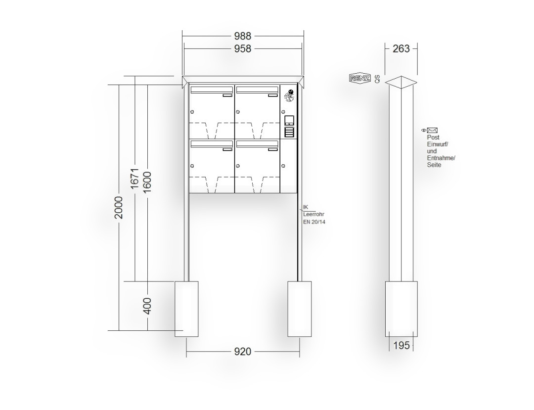 RENZ Briefkastenanlage freistehend · 4-teilig Installationskasten rechts 370 × 440 × 145 mm Prisma lackiert RENZ Briefkastenanlage freistehend · 4-teilig Installationskasten rechts 370 × 440 × 145 mm Prisma lackiert