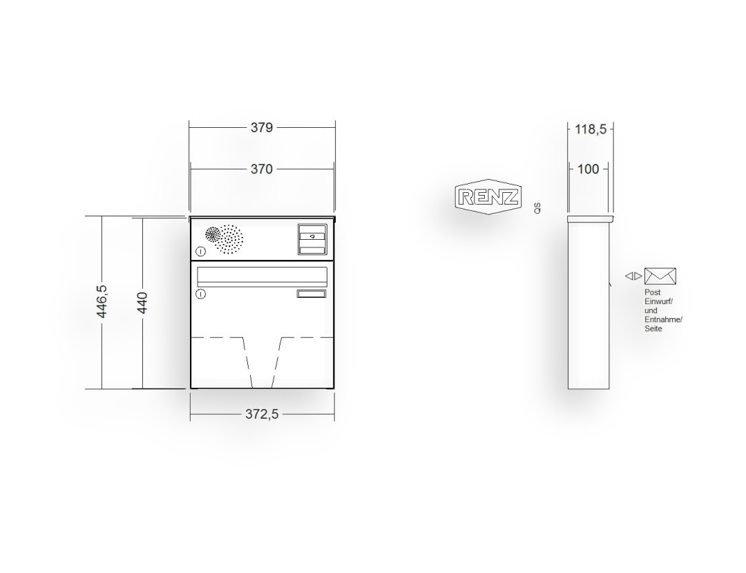 RENZ Briefkastenanlage Aufputz · BASIC (B) · 1-teilig 370 × 330 × 100 mm AP. Typ B Inst. lackiert RENZ Briefkastenanlage Aufputz · BASIC (B) · 1-teilig 370 × 330 × 100 mm AP. Typ B Inst. lackiert