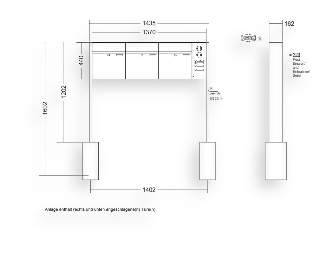RENZ Briefkastenanlage freistehend · 3-teilig RENZ PLAN 400 × 440 × 160 mm FS Installationskasten rechts Edelstah