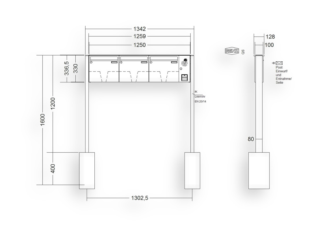 RENZ Briefkastenanlage freistehend · BASIC (B) · 3-teilig 370 × 330 × 100 mm FS. Typ B Installationskasten rechts lackiert RENZ Briefkastenanlage freistehend · BASIC (B) · 3-teilig 370 × 330 × 100 mm FS. Typ B Installationskasten rechts