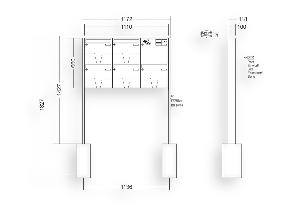 RENZ Briefkastenanlage freistehend · 5-teilig Installationskasten rechts 370 × 330 × 100 mm Tetro lackiert RENZ Briefkastenanlage freistehend · 5-teilig Installationskasten rechts 370 × 330 × 100 mm Tetro lackiert