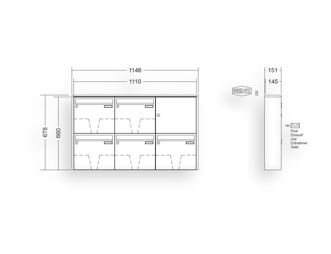 RENZ Briefkastenanlage Aufputz · 5-teilig 370 × 330 × 145 mm QUADRA lackiert RENZ Briefkastenanlage Aufputz · 5-teilig 370 × 330 × 145 mm QUADRA lackiert