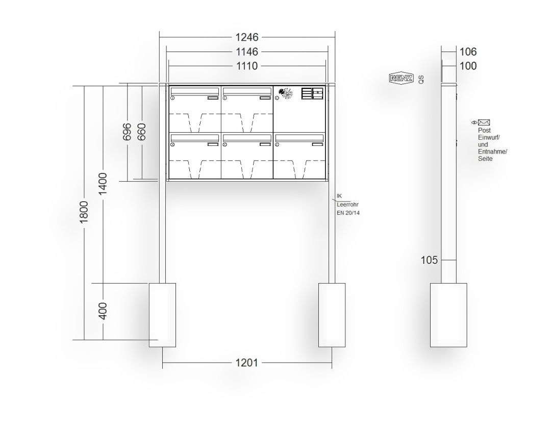 RENZ Briefkastenanlage freistehend · 5-teilig Installationskasten rechts 370 × 330 × 100 mm QUADRA lackiert RENZ Briefkastenanlage freistehend · 5-teilig Installationskasten rechts 370 × 330 × 100 mm QUADRA lackiert