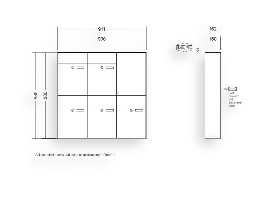 RENZ Briefkastenanlage Aufputz · 5-teilig RENZ PLAN 300 × 440 × 160 mm AP lackiert