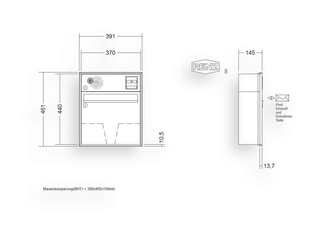 RENZ Briefkastenanlage Unterputz · Schattenfugenrahmen · 1-teilig Installationskasten oben 370 × 330 × 145 mm Anp. Schattenfugenr RENZ Briefkastenanlage Unterputz · Schattenfugenrahmen · 1-teilig Installationskasten oben 370 × 330 × 145 mm Anp.