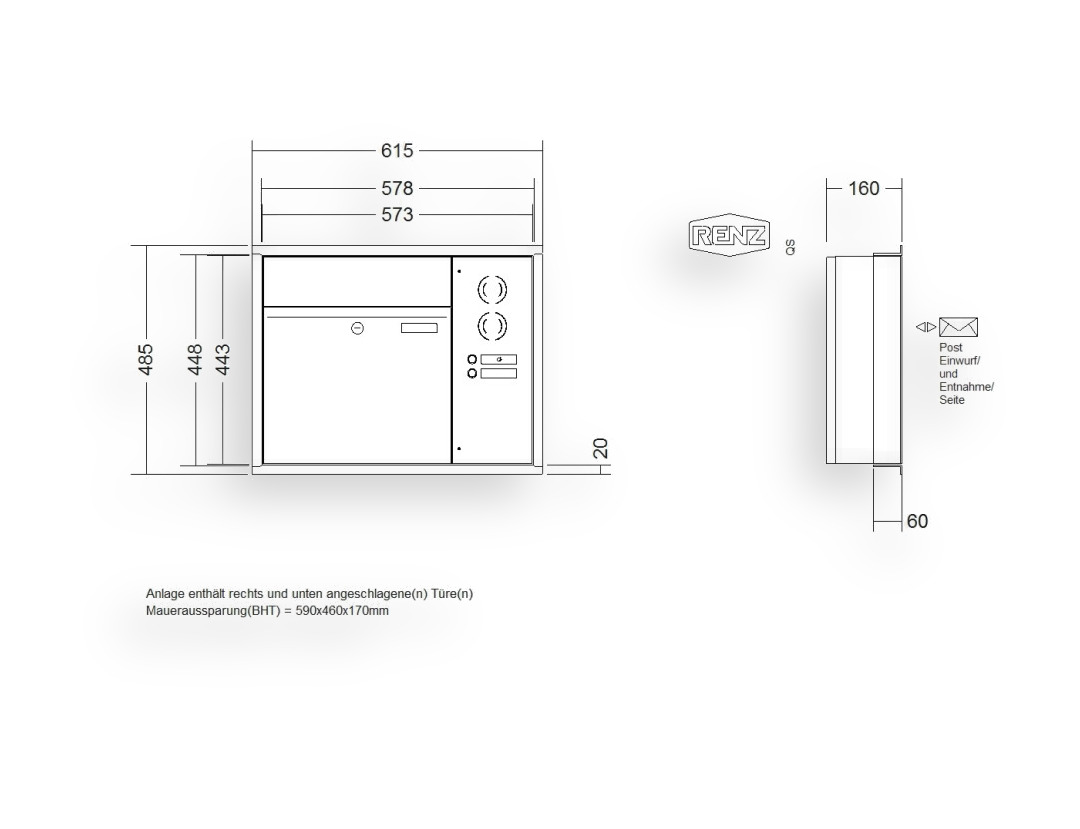 RENZ Briefkastenanlage Unterputz · 1-teilig RENZ PLAN 400 × 440 × 160 mm UP Installationskasten rechts lackiert RENZ Briefkastenanlage Unterputz · 1-teilig RENZ PLAN 400 × 440 × 160 mm UP Installationskasten rechts lackiert