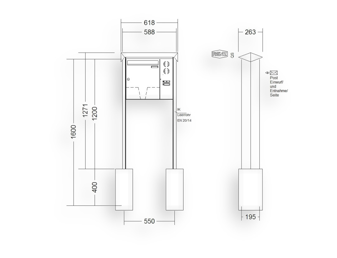 RENZ Briefkastenanlage freistehend · 1-teilig Installationskasten rechts 370 × 440 × 145 mm Edelstahl Prisma RENZ Briefkastenanlage freistehend · 1-teilig Installationskasten rechts 370 × 440 × 145 mm Edelstahl Prisma