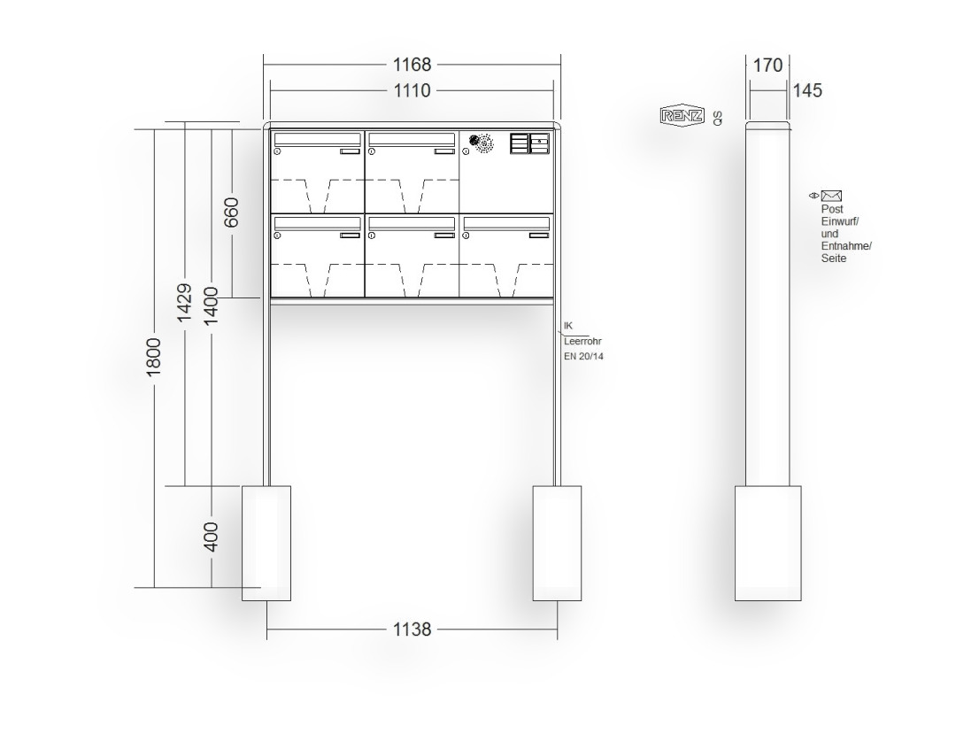 RENZ Briefkastenanlage freistehend · 5-teilig Installationskasten rechts 370 × 330 × 145 mm RS 2000 lackiert RENZ Briefkastenanlage freistehend · 5-teilig Installationskasten rechts 370 × 330 × 145 mm RS 2000 lackiert