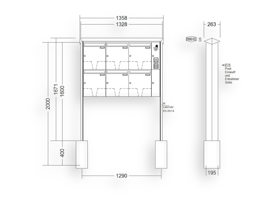 RENZ Briefkastenanlage freistehend · 6-teilig Installationskasten rechts 370 × 440 × 145 mm Prisma lackiert RENZ Briefkastenanlage freistehend · 6-teilig Installationskasten rechts 370 × 440 × 145 mm Prisma lackiert