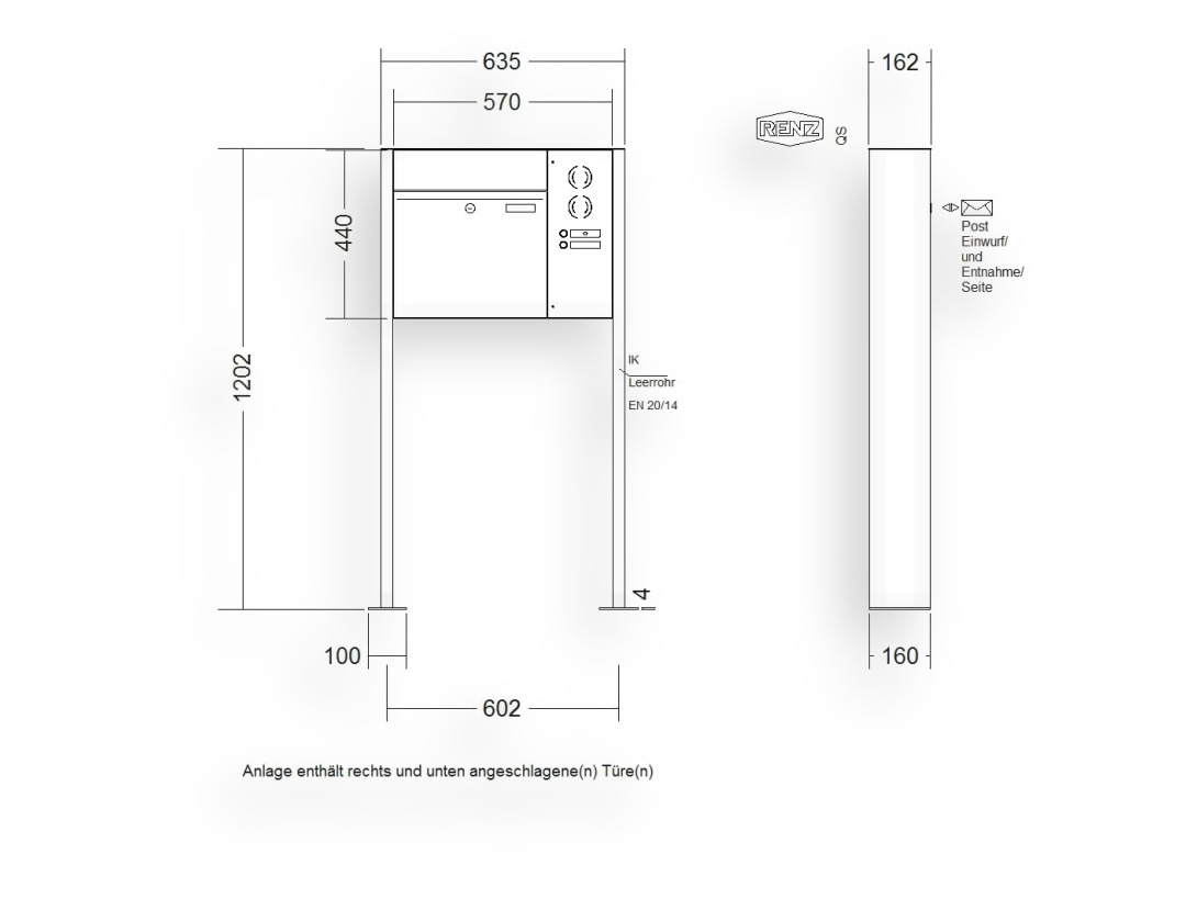 RENZ Briefkastenanlage freistehend · 1-teilig RENZ PLAN 400 × 440 × 160 mm FS Installationskasten rechts Edel. mit RENZ Briefkastenanlage freistehend · 1-teilig RENZ PLAN 400 × 440 × 160 mm FS Installationskasten rechts Edel. mit