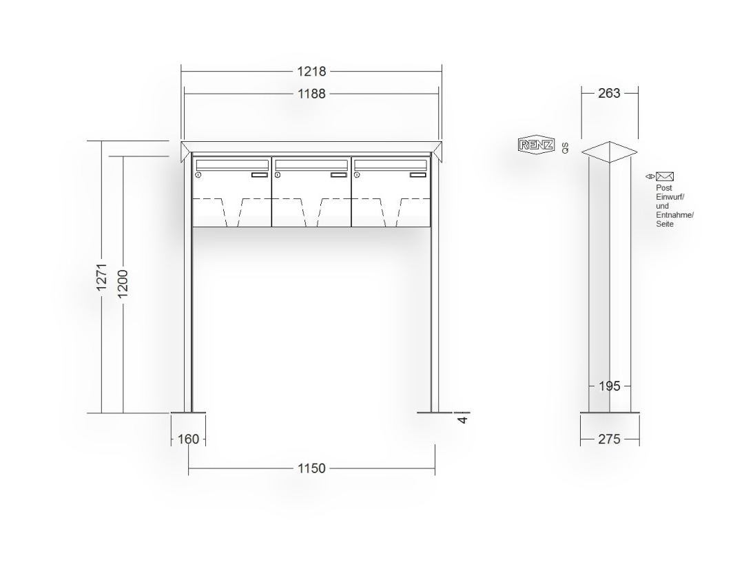 RENZ Briefkastenanlage freistehend · 3-teilig 370 × 330 × 145 mm Edelstahl Prisma mit Fußplatten RENZ Briefkastenanlage freistehend · 3-teilig 370 × 330 × 145 mm Edelstahl Prisma mit Fußplatten