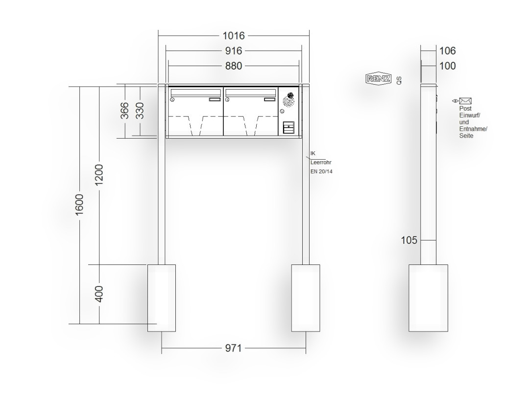 RENZ Briefkastenanlage freistehend · 2-teilig Installationskasten rechts 370 × 330 × 100 mm QUADRA lackiert RENZ Briefkastenanlage freistehend · 2-teilig Installationskasten rechts 370 × 330 × 100 mm QUADRA lackiert