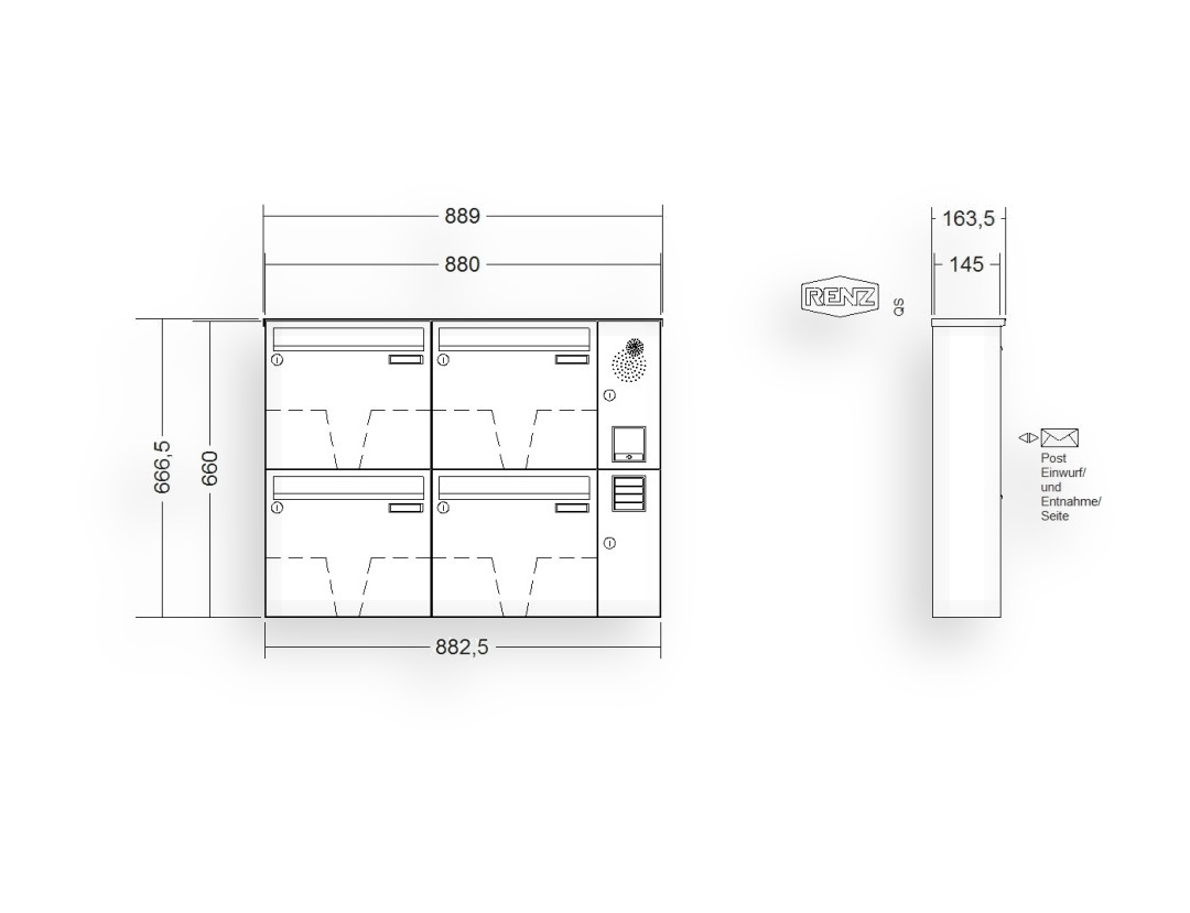 RENZ Briefkastenanlage Aufputz · BASIC (B) · 4-teilig 370 × 330 × 145 mm AP. Typ B Installationskasten rechts lackiert RENZ Briefkastenanlage Aufputz · BASIC (B) · 4-teilig 370 × 330 × 145 mm AP. Typ B Installationskasten rechts lack