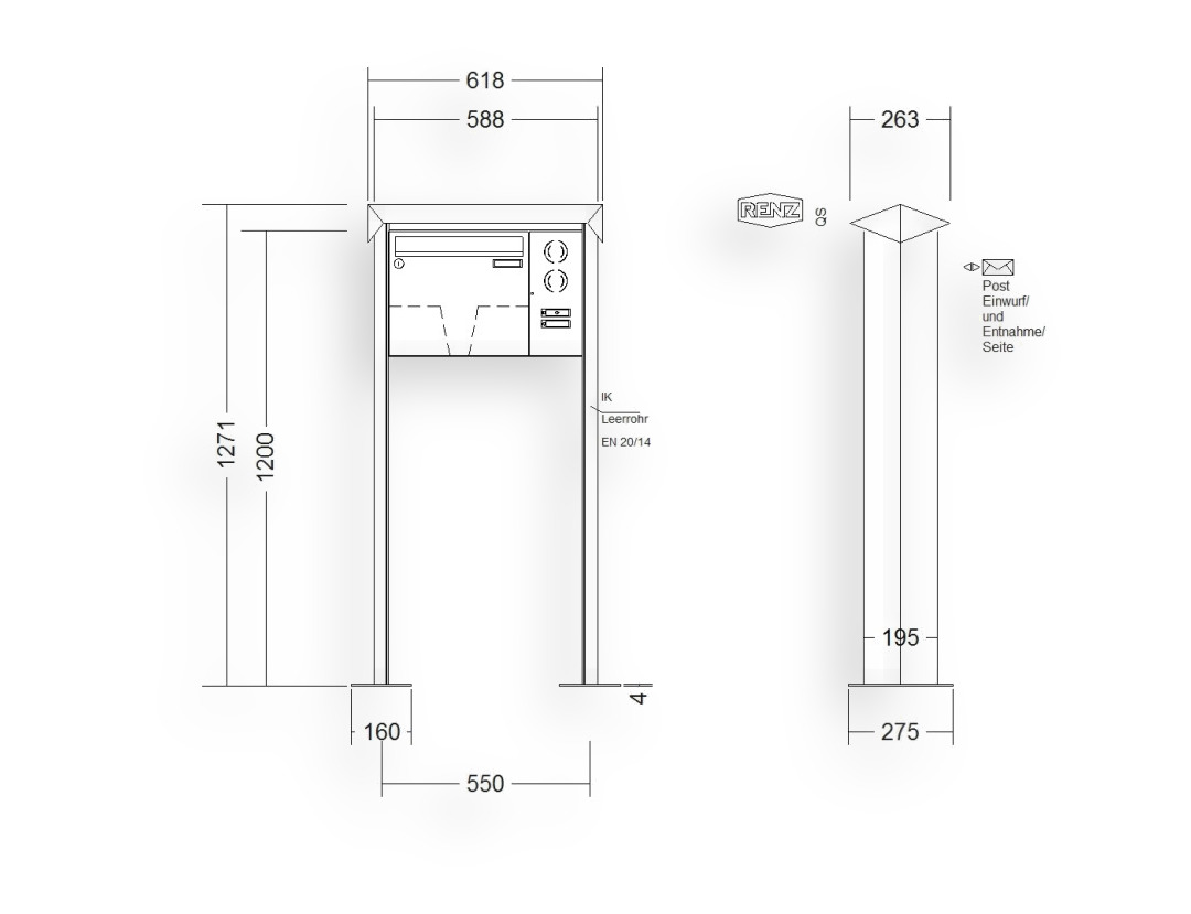 RENZ Briefkastenanlage freistehend · 1-teilig Installationskasten rechts 370 × 330 × 145 mm Edelstahl Prisma mit Fuß RENZ Briefkastenanlage freistehend · 1-teilig Installationskasten rechts 370 × 330 × 145 mm Edelstahl Prisma mit F