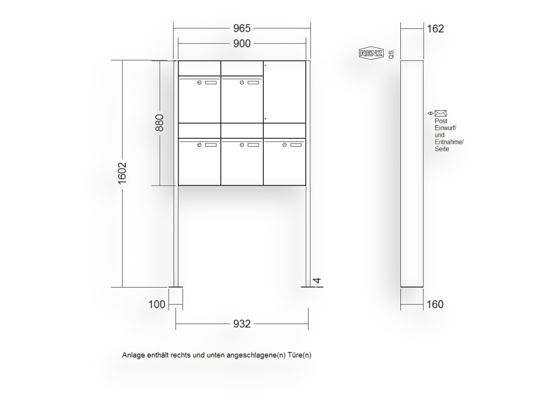 RENZ Briefkastenanlage freistehend · 5-teilig RENZ PLAN 300 × 440 × 160 mm FS Edel. mit Fußplatt RENZ Briefkastenanlage freistehend · 5-teilig RENZ PLAN 300 × 440 × 160 mm FS Edel. mit Fußplatt