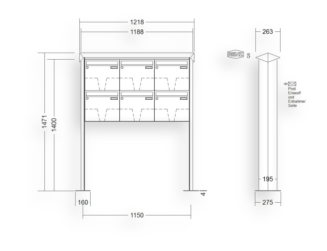 RENZ Briefkastenanlage freistehend · 6-teilig 370 × 330 × 145 mm Edelstahl Prisma mit Fußplatten RENZ Briefkastenanlage freistehend · 6-teilig 370 × 330 × 145 mm Edelstahl Prisma mit Fußplatten