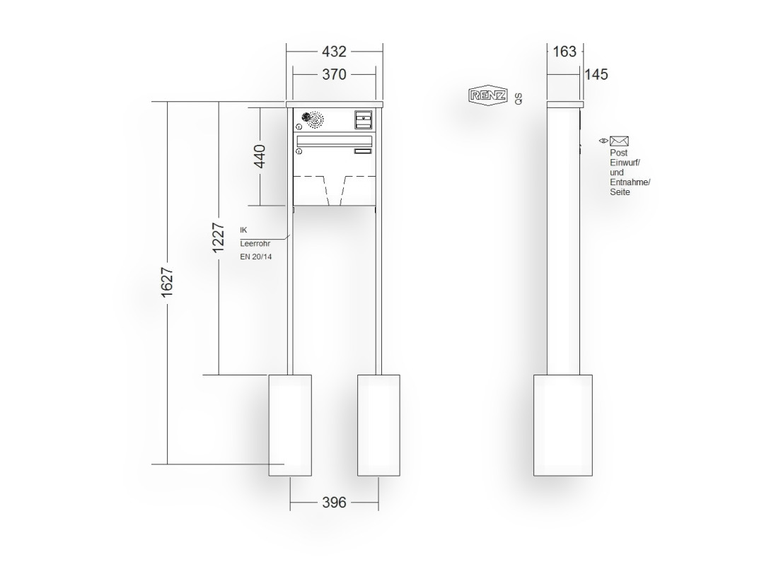 RENZ Briefkastenanlage freistehend · 1-teilig Installationskasten oben 370 × 330 × 145 mm Tetro lackiert