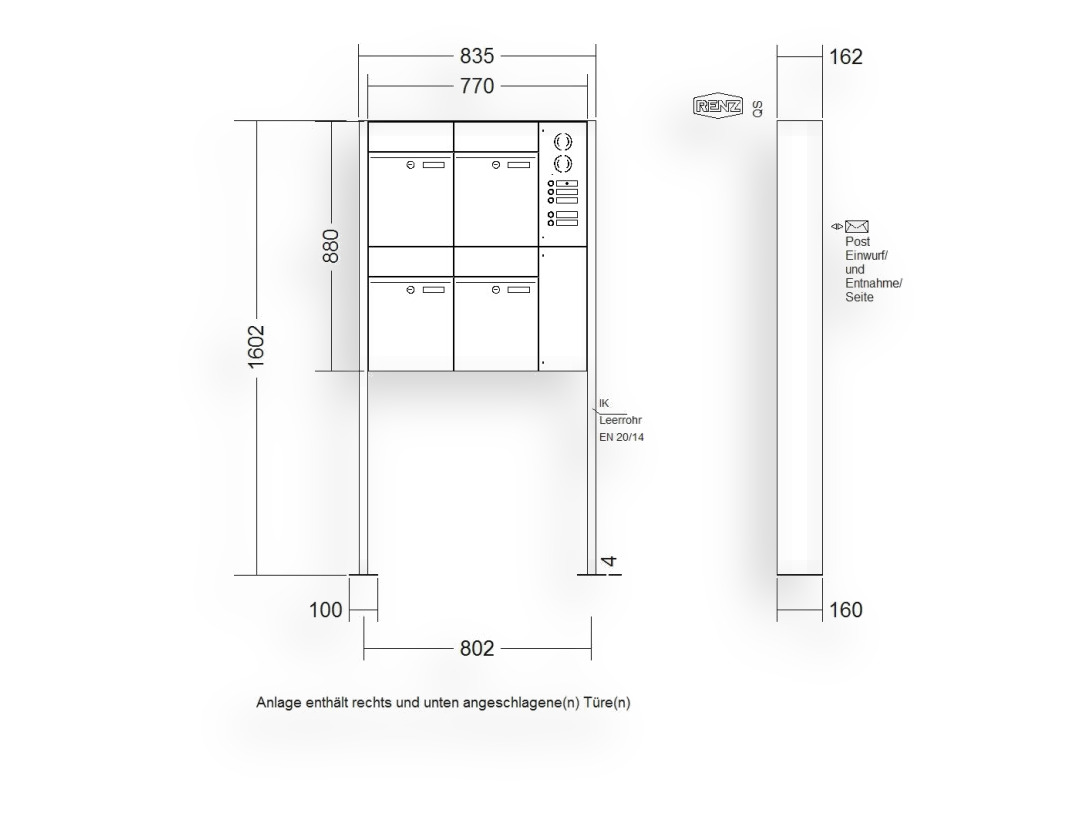 RENZ Briefkastenanlage freistehend · 4-teilig RENZ PLAN 300 × 440 × 160 mm FS Installationskasten rechts Edel. mit RENZ Briefkastenanlage freistehend · 4-teilig RENZ PLAN 300 × 440 × 160 mm FS Installationskasten rechts Edel. mit