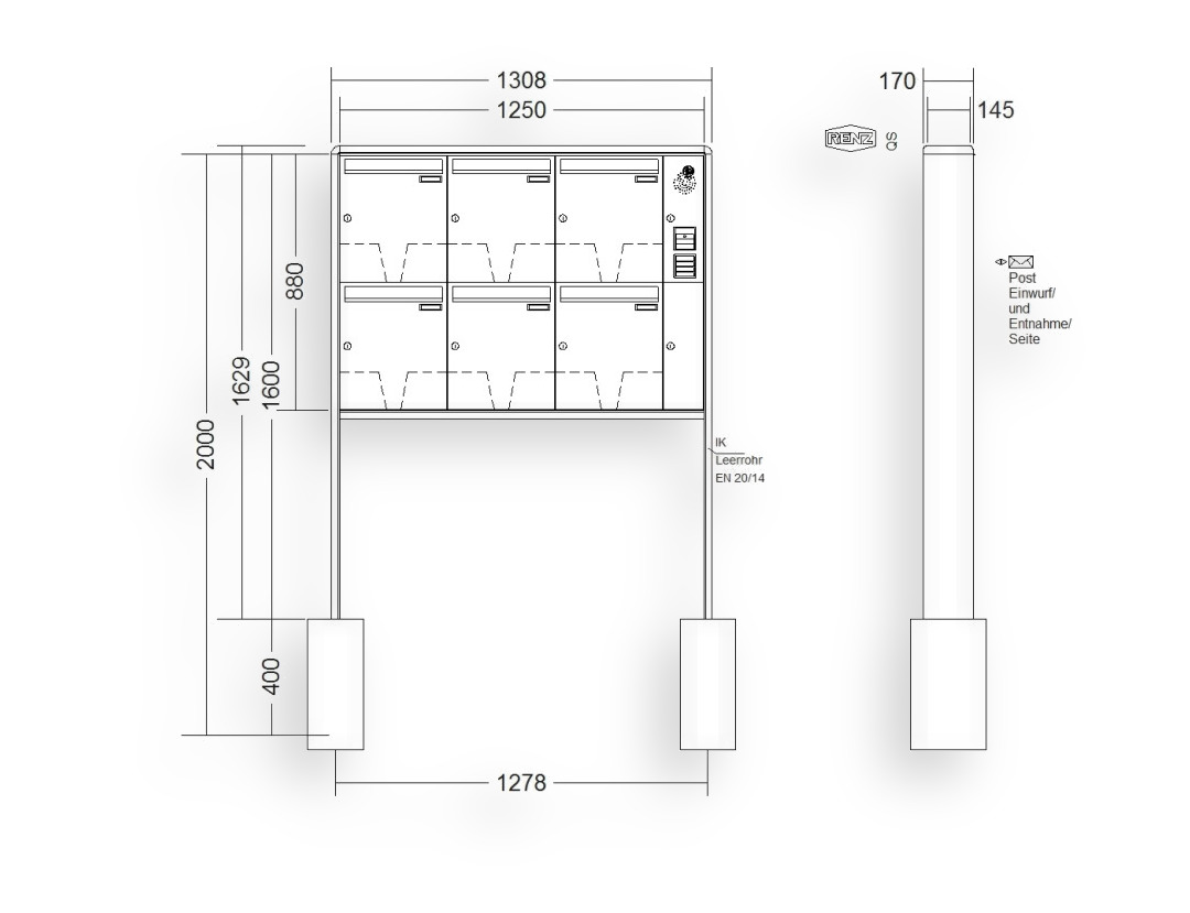 RENZ Briefkastenanlage freistehend · 6-teilig Installationskasten rechts 370 × 440 × 145 mm RS 2000 lackiert RENZ Briefkastenanlage freistehend · 6-teilig Installationskasten rechts 370 × 440 × 145 mm RS 2000 lackiert