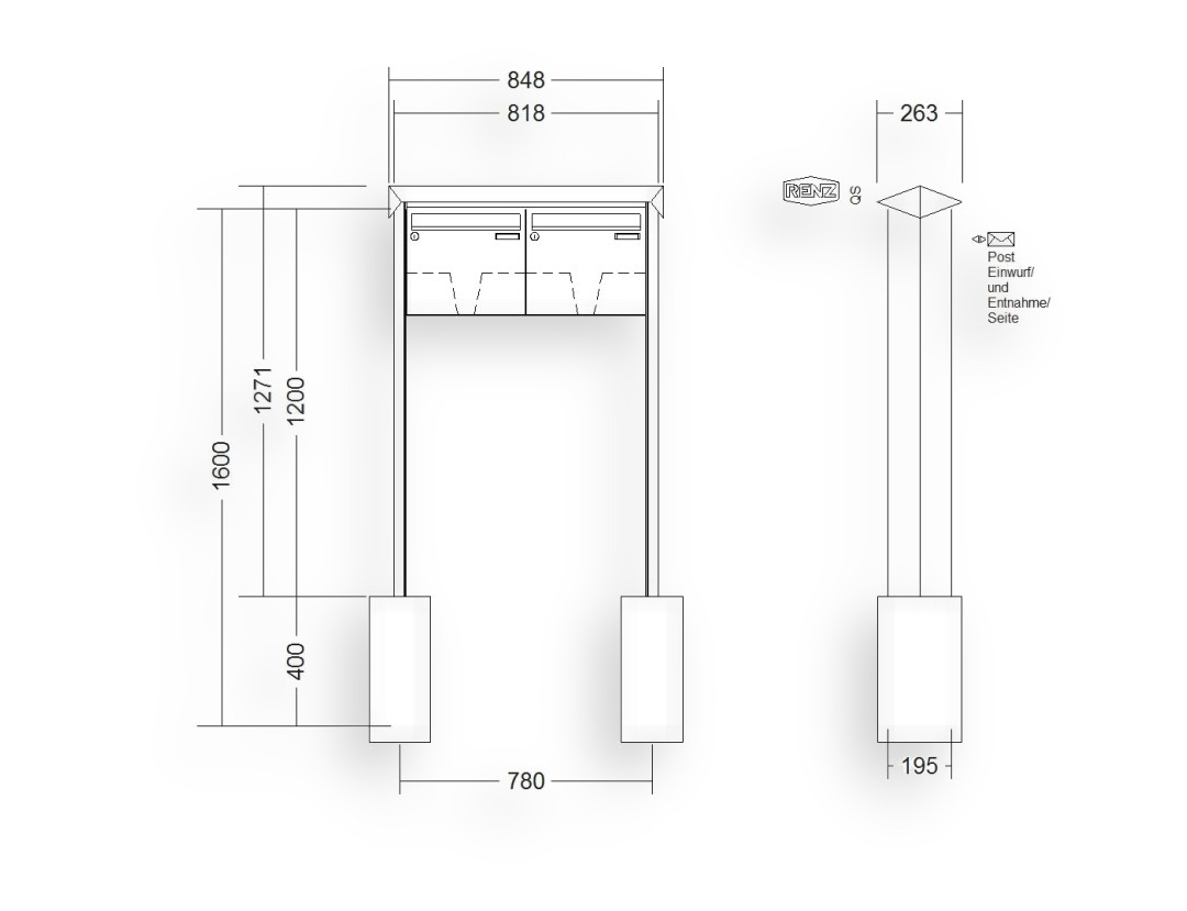 RENZ Briefkastenanlage freistehend · 2-teilig 370 × 330 × 145 mm Prisma lackiert RENZ Briefkastenanlage freistehend · 2-teilig 370 × 330 × 145 mm Prisma lackiert