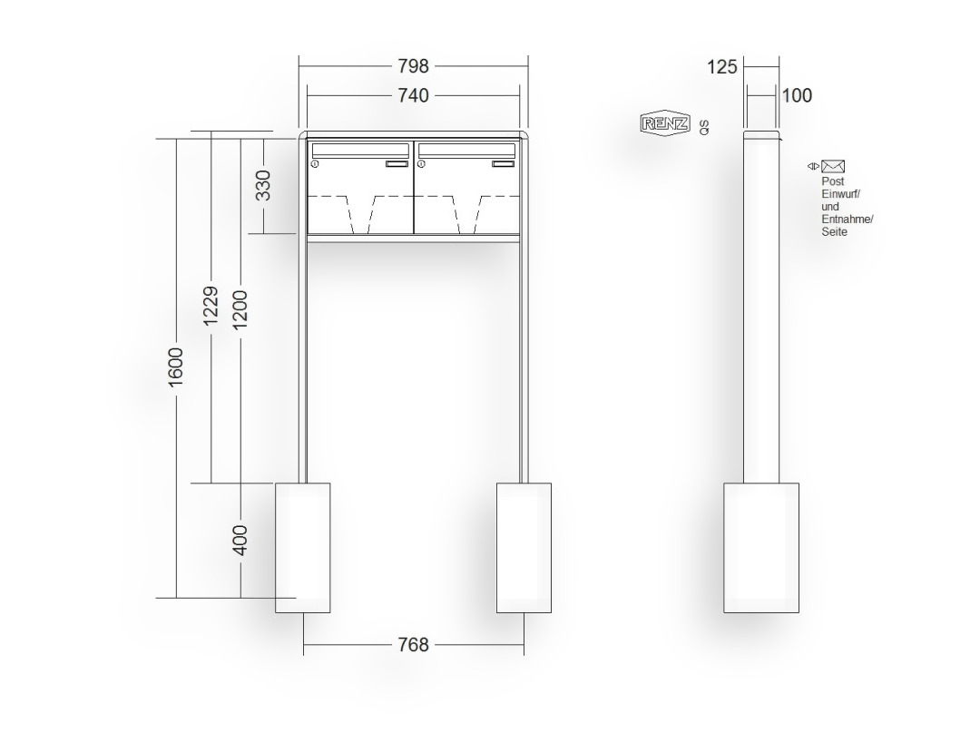 RENZ Briefkastenanlage freistehend · 2-teilig 370 × 330 × 100 mm RS 2000 lackiert RENZ Briefkastenanlage freistehend · 2-teilig 370 × 330 × 100 mm RS 2000 lackiert
