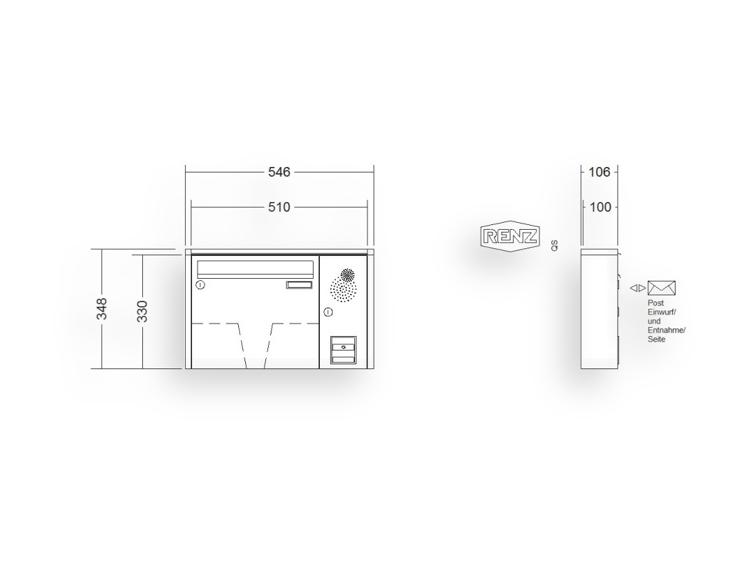 RENZ Briefkastenanlage Aufputz · 1-teilig Installationskasten rechts 370 × 330 × 100 mm QUADRA lackiert RENZ Briefkastenanlage Aufputz · 1-teilig Installationskasten rechts 370 × 330 × 100 mm QUADRA lackiert